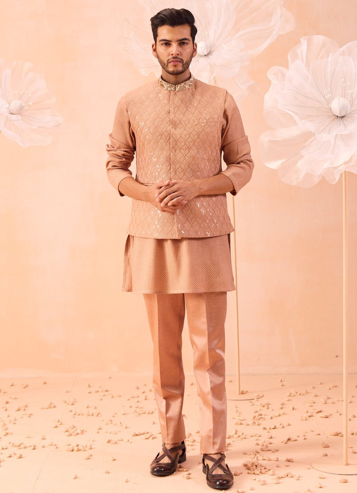 Peach Embroidered Bundi With Kurta Set Contrast by Parth - Fabilicious Fashion