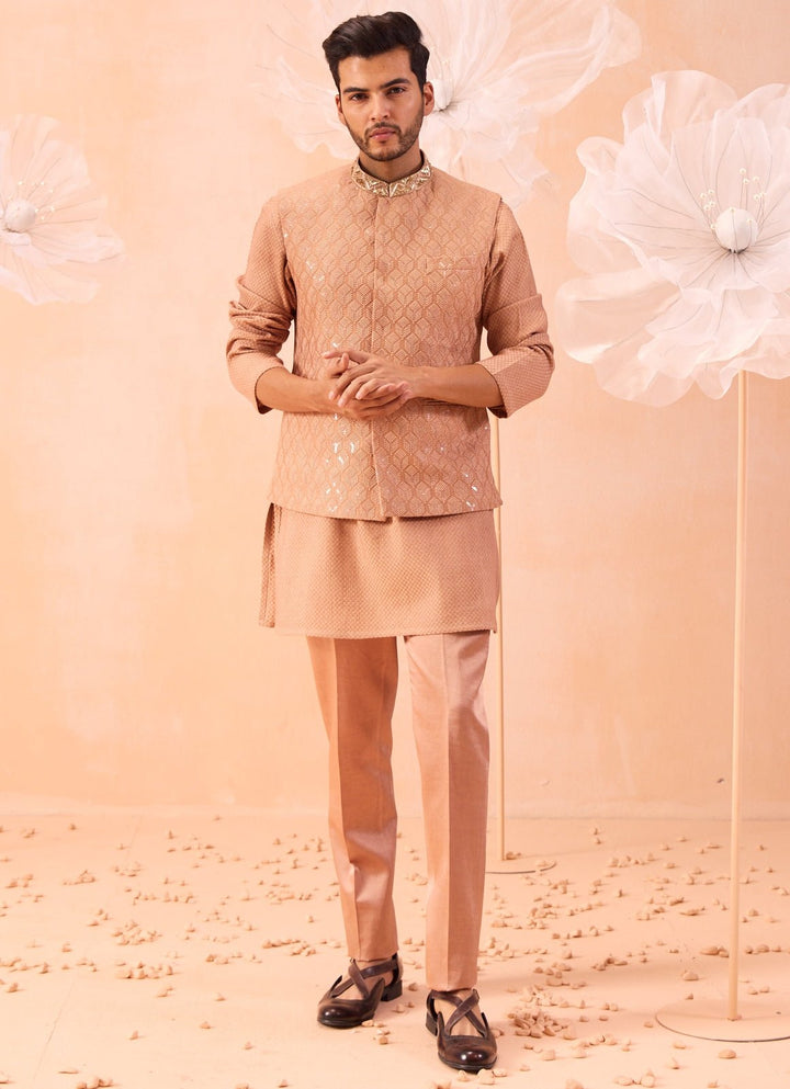 Peach Embroidered Bundi With Kurta Set Contrast by Parth - Fabilicious Fashion