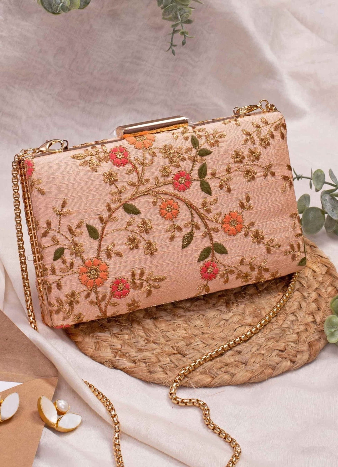 Peach Embroidered Clutch AMYRA - Fabilicious Fashion