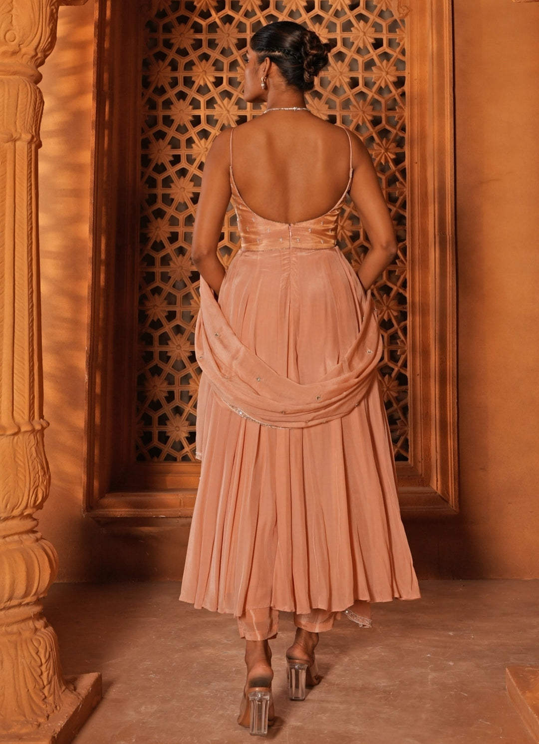 Peach Embroidered Crepe Anarkali Set Enamour by Radha - Fabilicious Fashion