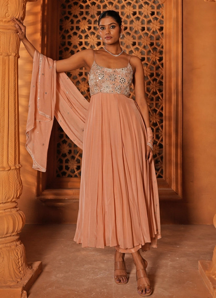 Peach Embroidered Crepe Anarkali Set Enamour by Radha - Fabilicious Fashion