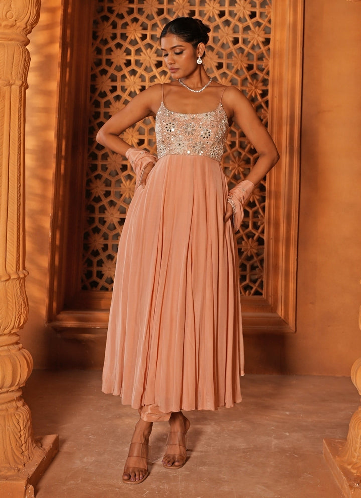 Peach Embroidered Crepe Anarkali Set Enamour by Radha - Fabilicious Fashion