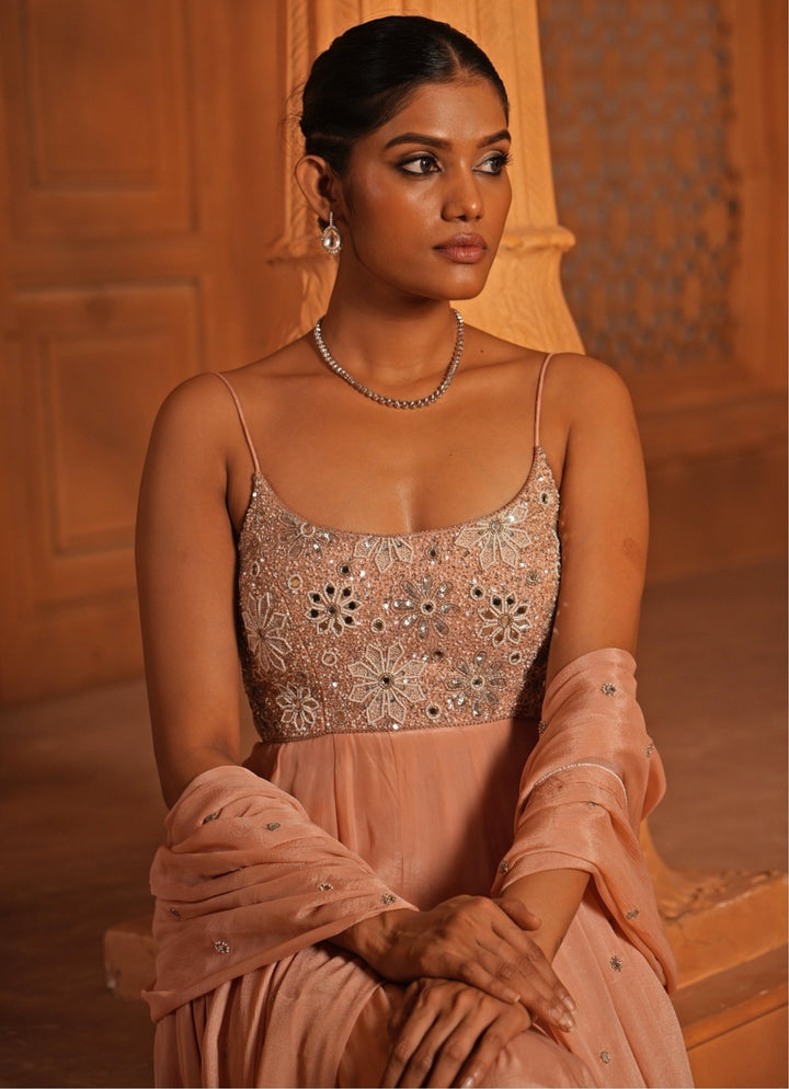 Peach Embroidered Crepe Anarkali Set Enamour by Radha - Fabilicious Fashion