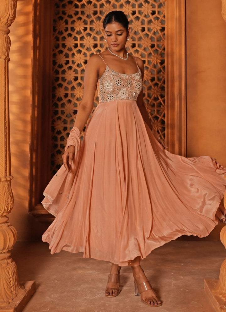 Peach Embroidered Crepe Anarkali Set Enamour by Radha - Fabilicious Fashion