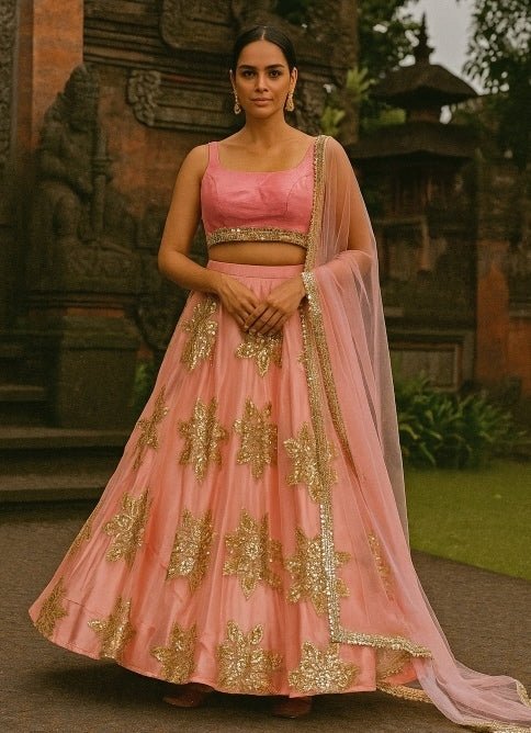 Peach Embroidered Organza Lehenga Anisha Shetty - Fabilicious Fashion