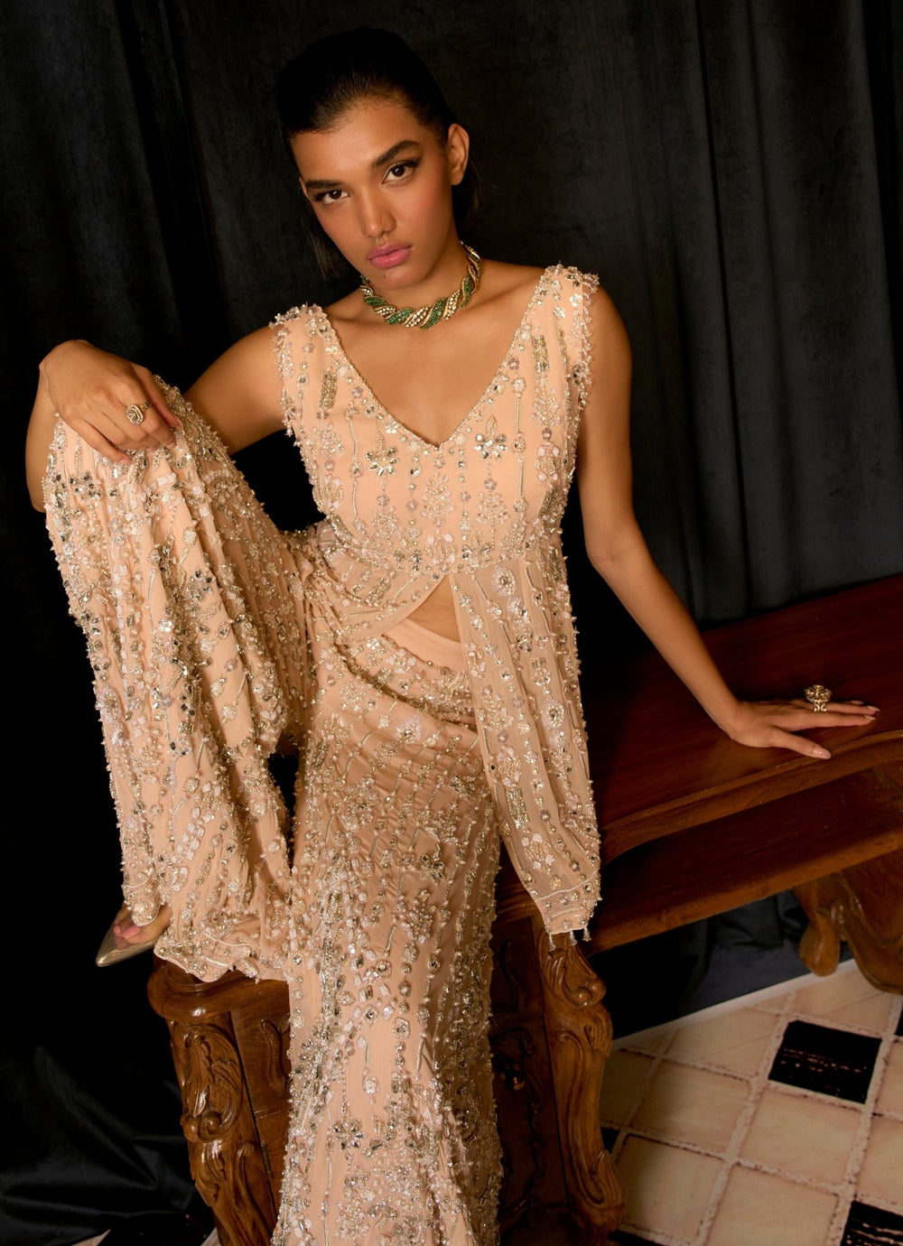 Peach Embroidered Peplum Kurta Sharara Set Mani Bhatia - Fabilicious Fashion