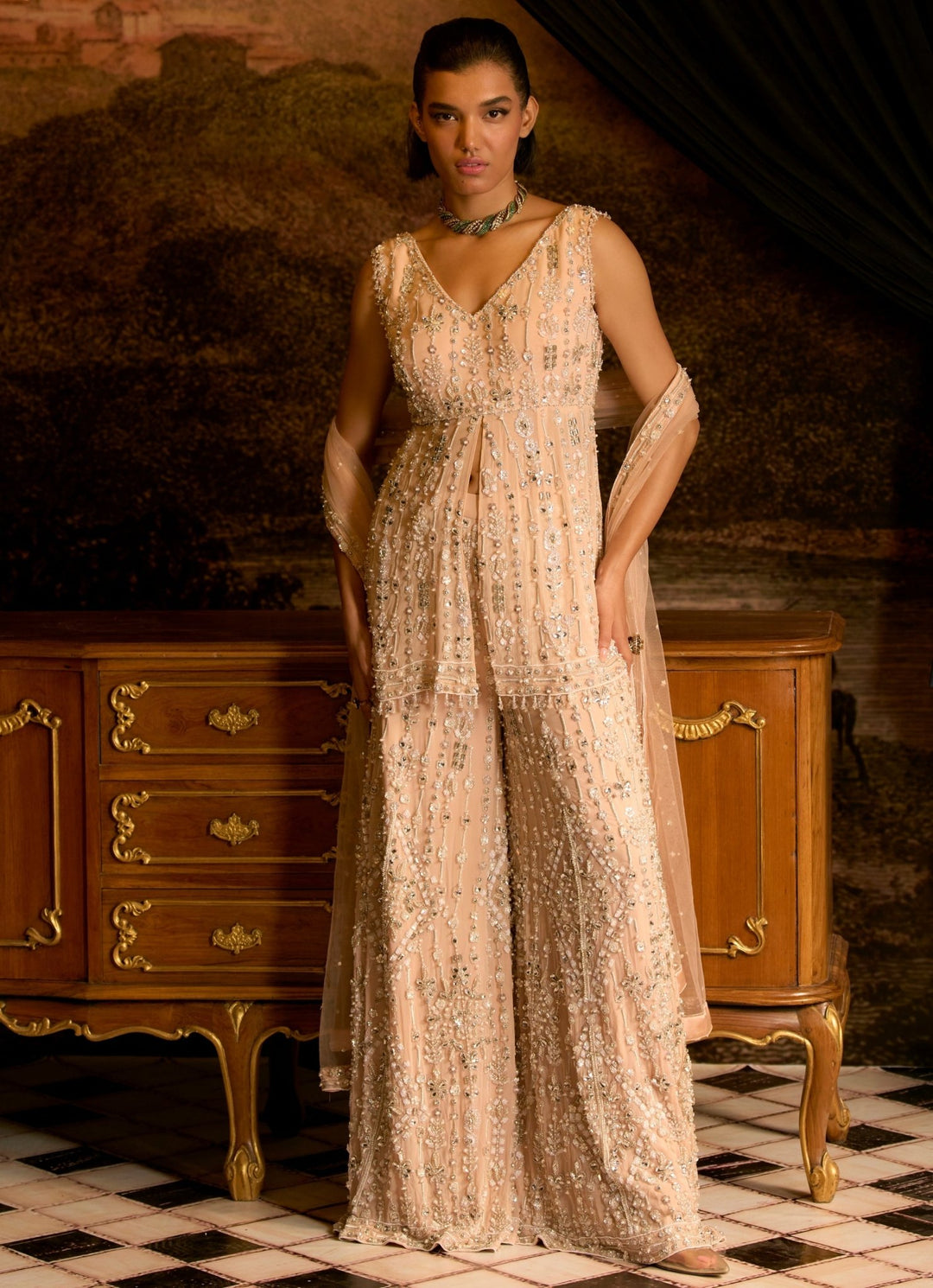 Peach Embroidered Peplum Kurta Sharara Set Mani Bhatia - Fabilicious Fashion