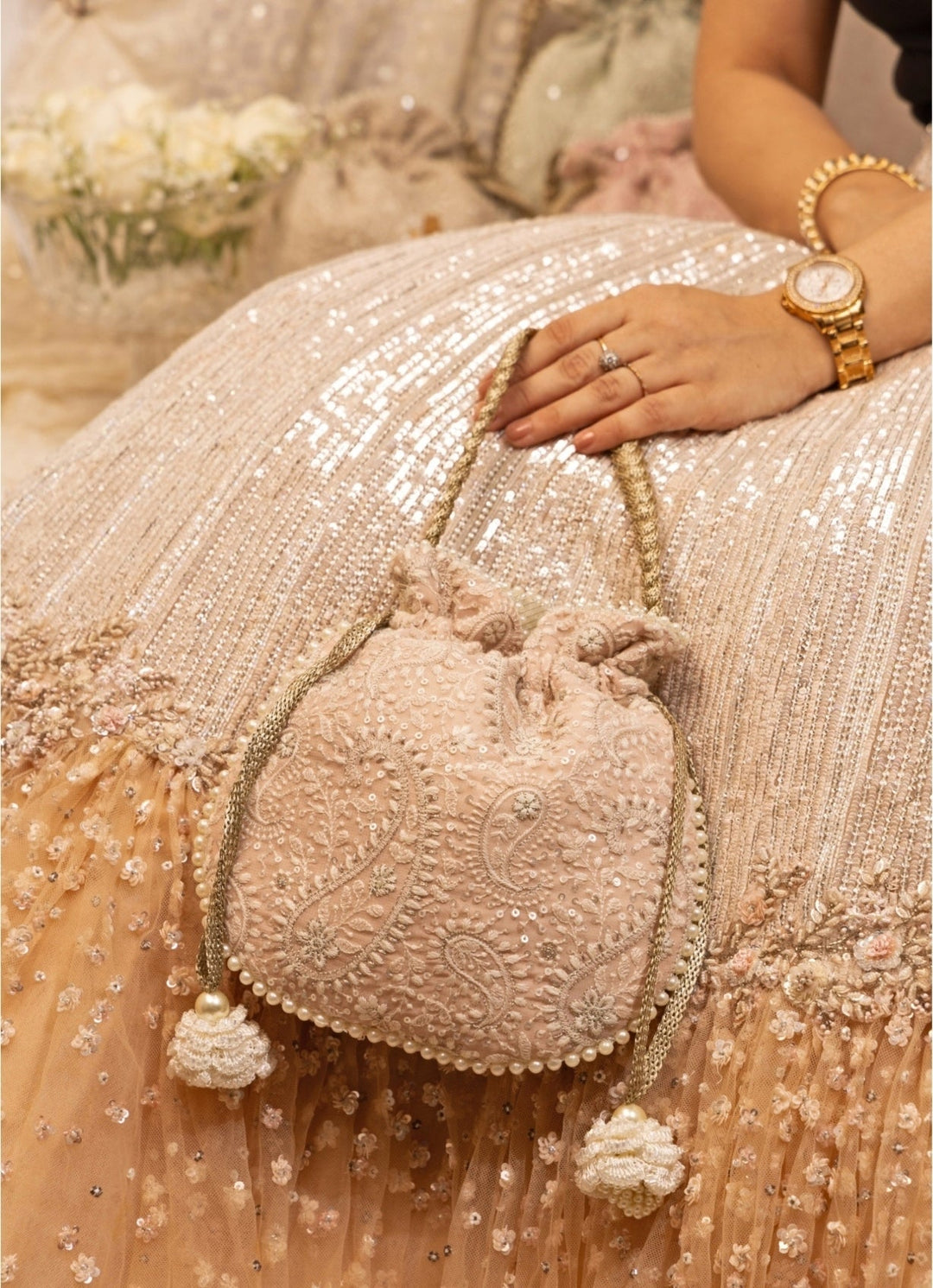 Peach Embroidered Potli AMYRA - Fabilicious Fashion