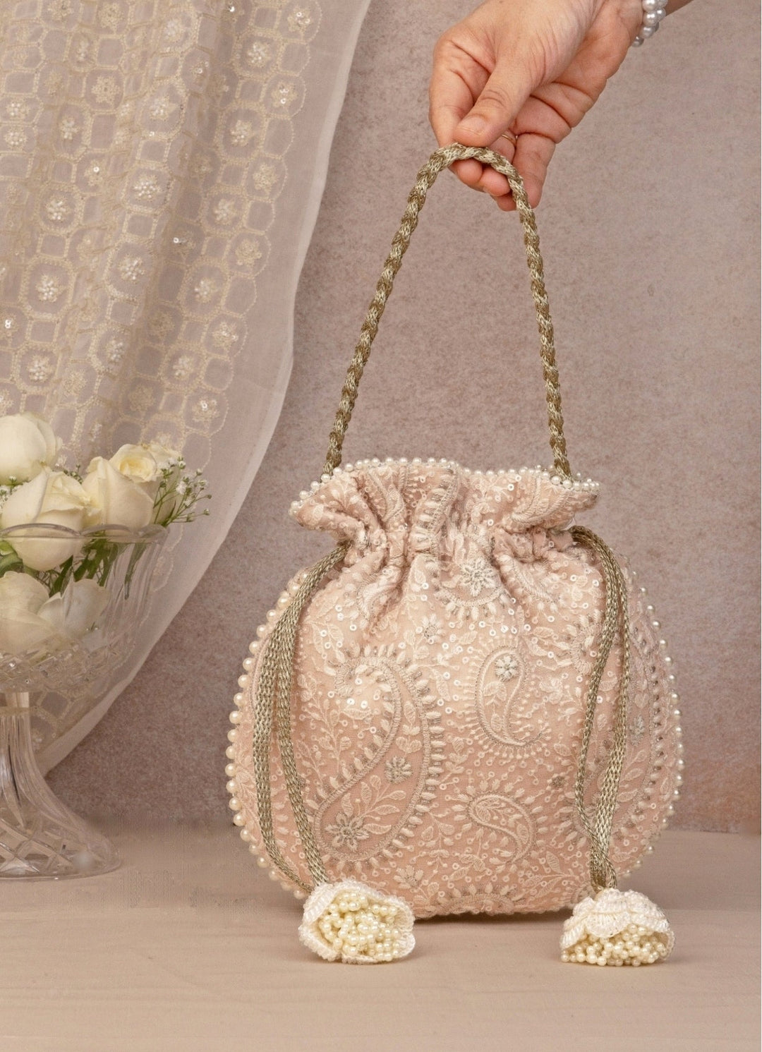 Peach Embroidered Potli AMYRA - Fabilicious Fashion