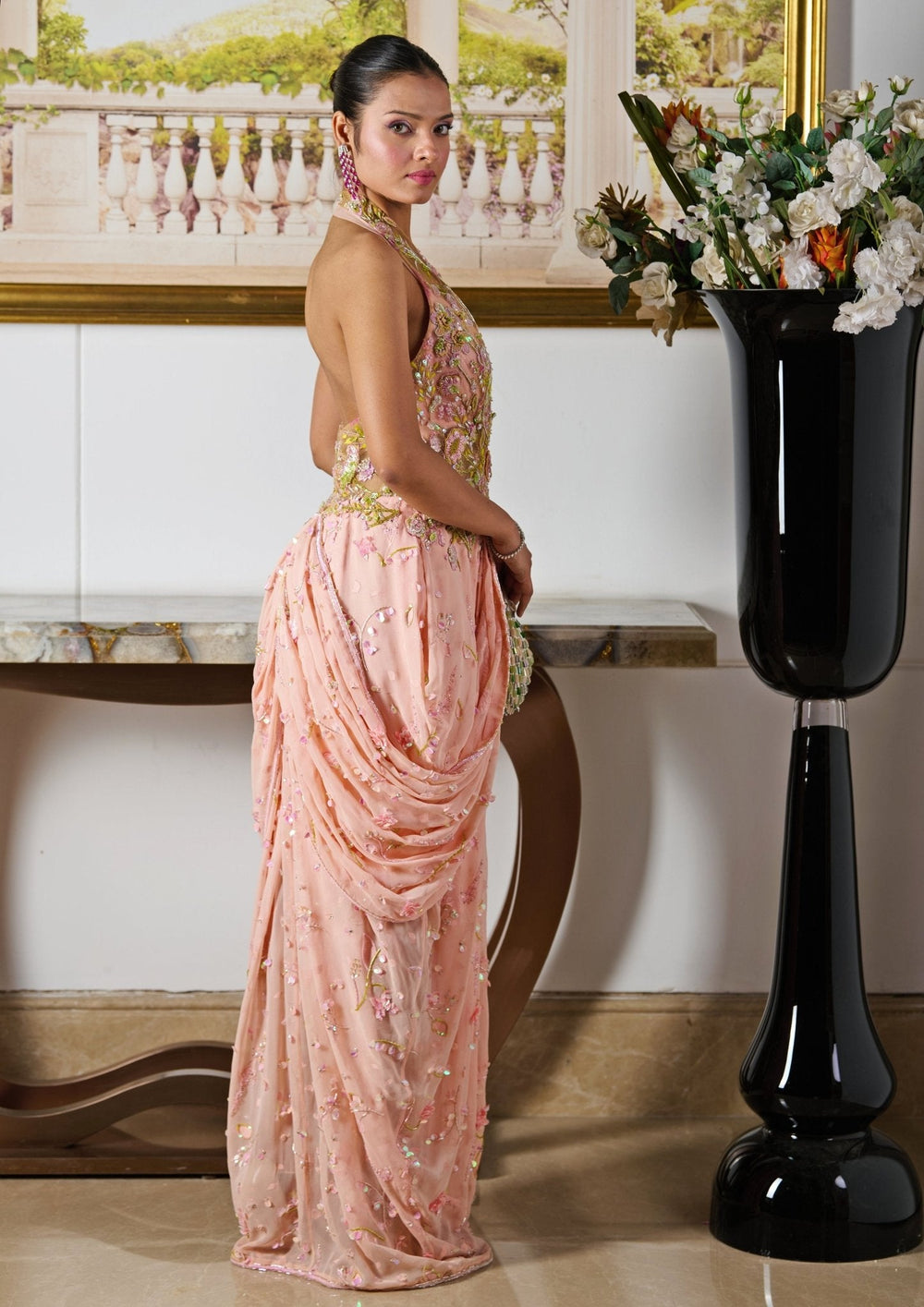 Peach Embroidered Pre - Draped Georgette Skirt Saree With Cape Moledro - Fabilicious Fashion