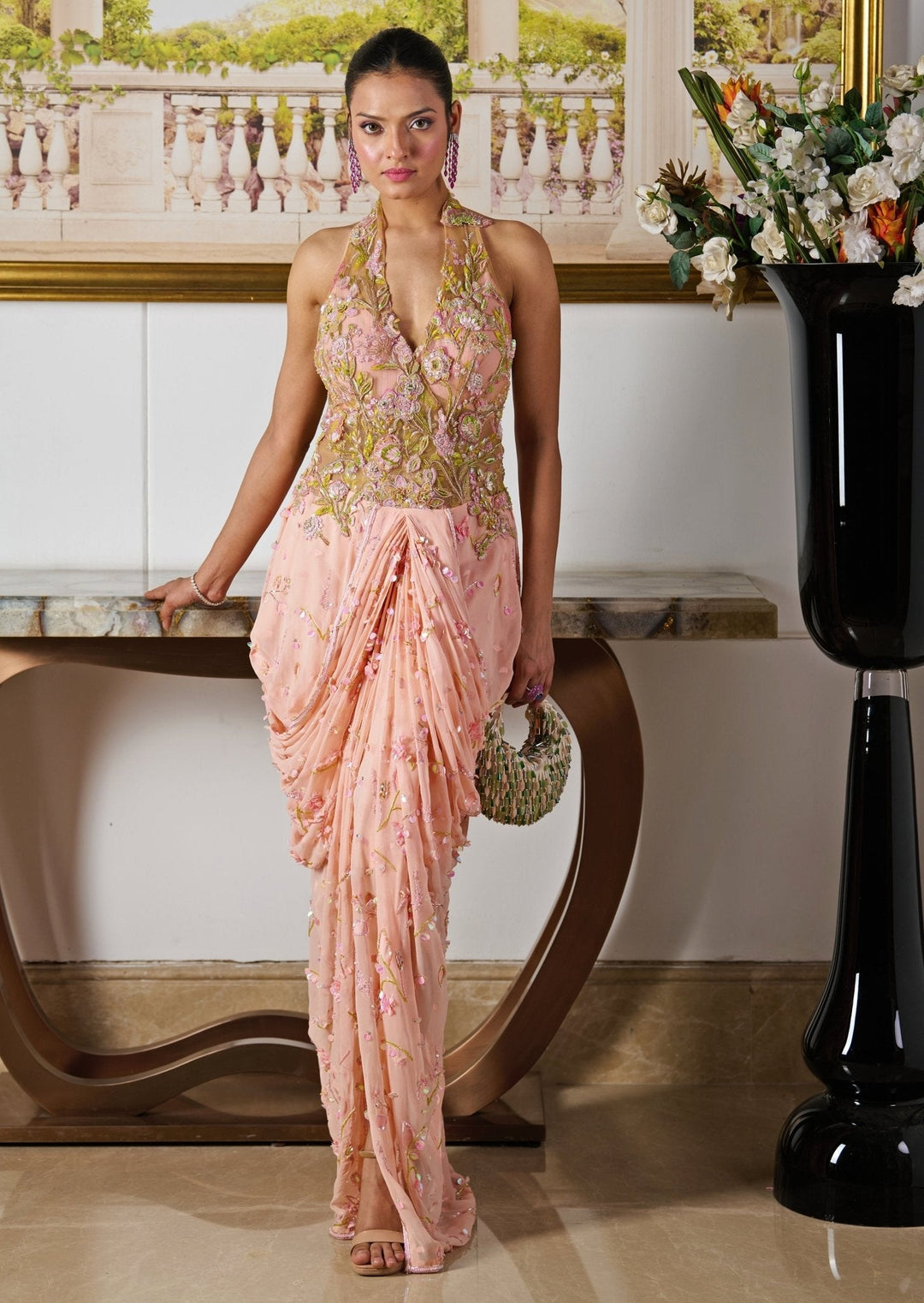 Peach Embroidered Pre - Draped Georgette Skirt Saree With Cape Moledro - Fabilicious Fashion