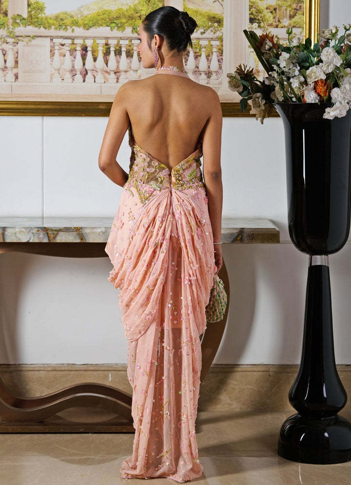 Peach Embroidered Pre - Draped Georgette Skirt Saree With Cape Moledro - Fabilicious Fashion