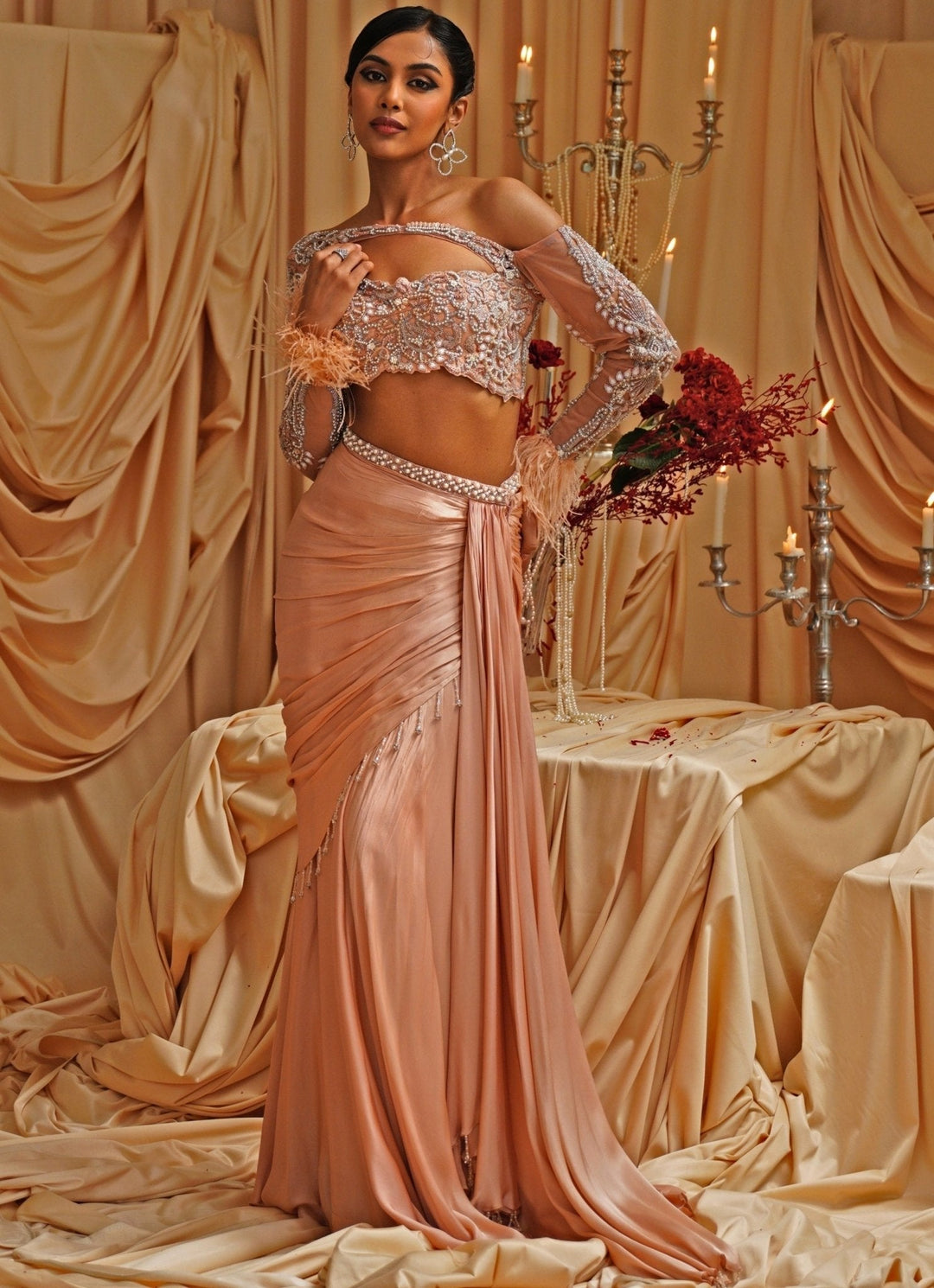 Peach Embroidered Pre Draped Satin Saree Jade by Ashima - Fabilicious Fashion