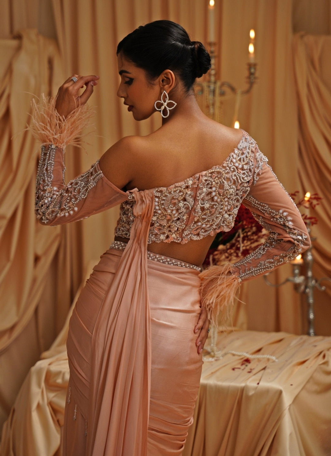 Peach Embroidered Pre Draped Satin Saree Jade by Ashima - Fabilicious Fashion