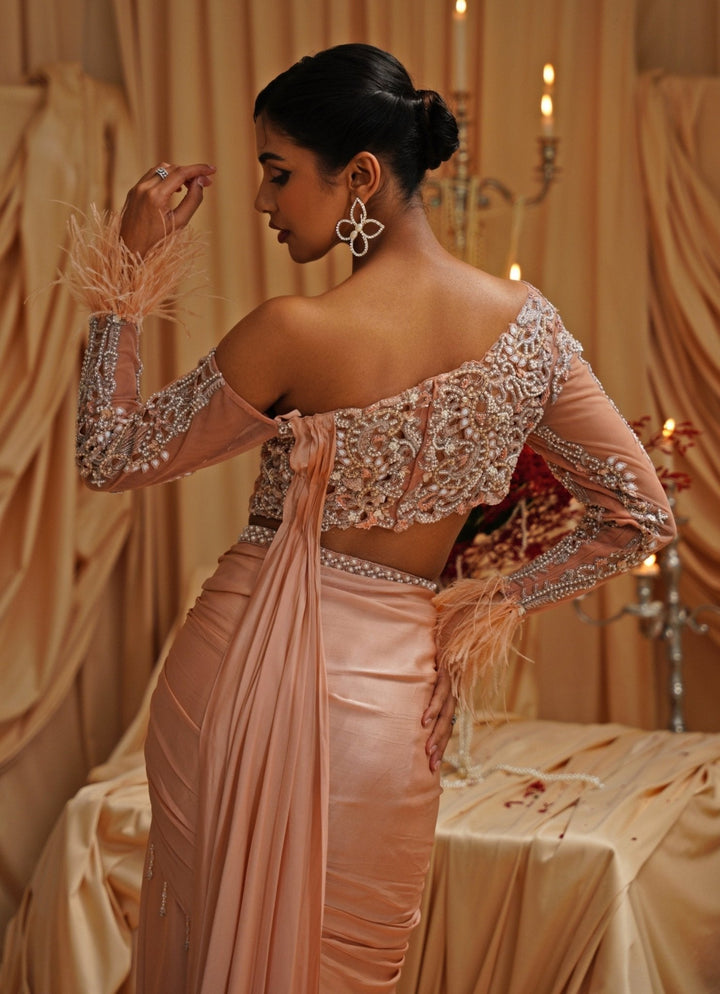 Peach Embroidered Pre Draped Satin Saree Jade by Ashima - Fabilicious Fashion