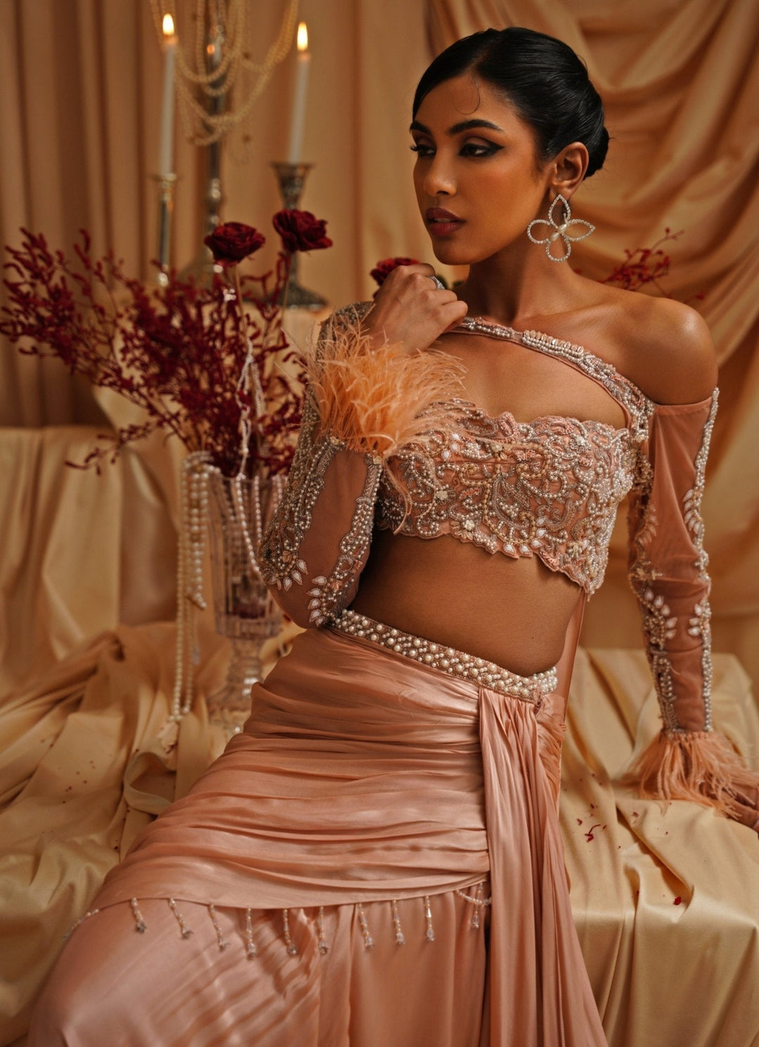 Peach Embroidered Pre Draped Satin Saree Jade by Ashima - Fabilicious Fashion