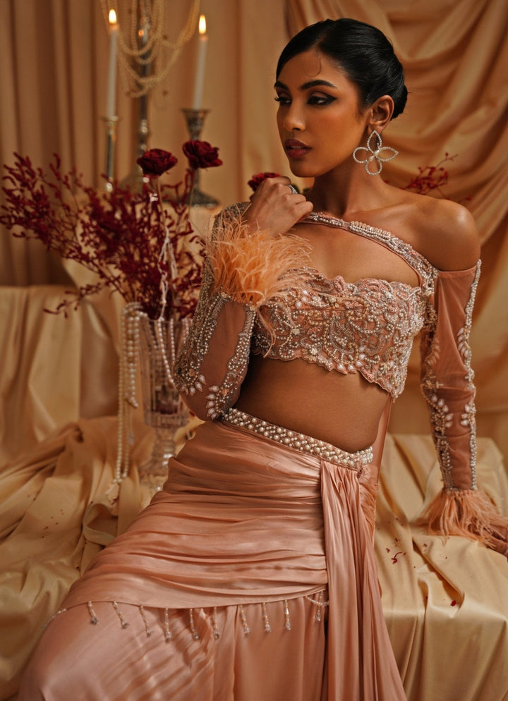 Peach Embroidered Pre Draped Satin Saree Jade by Ashima - Fabilicious Fashion
