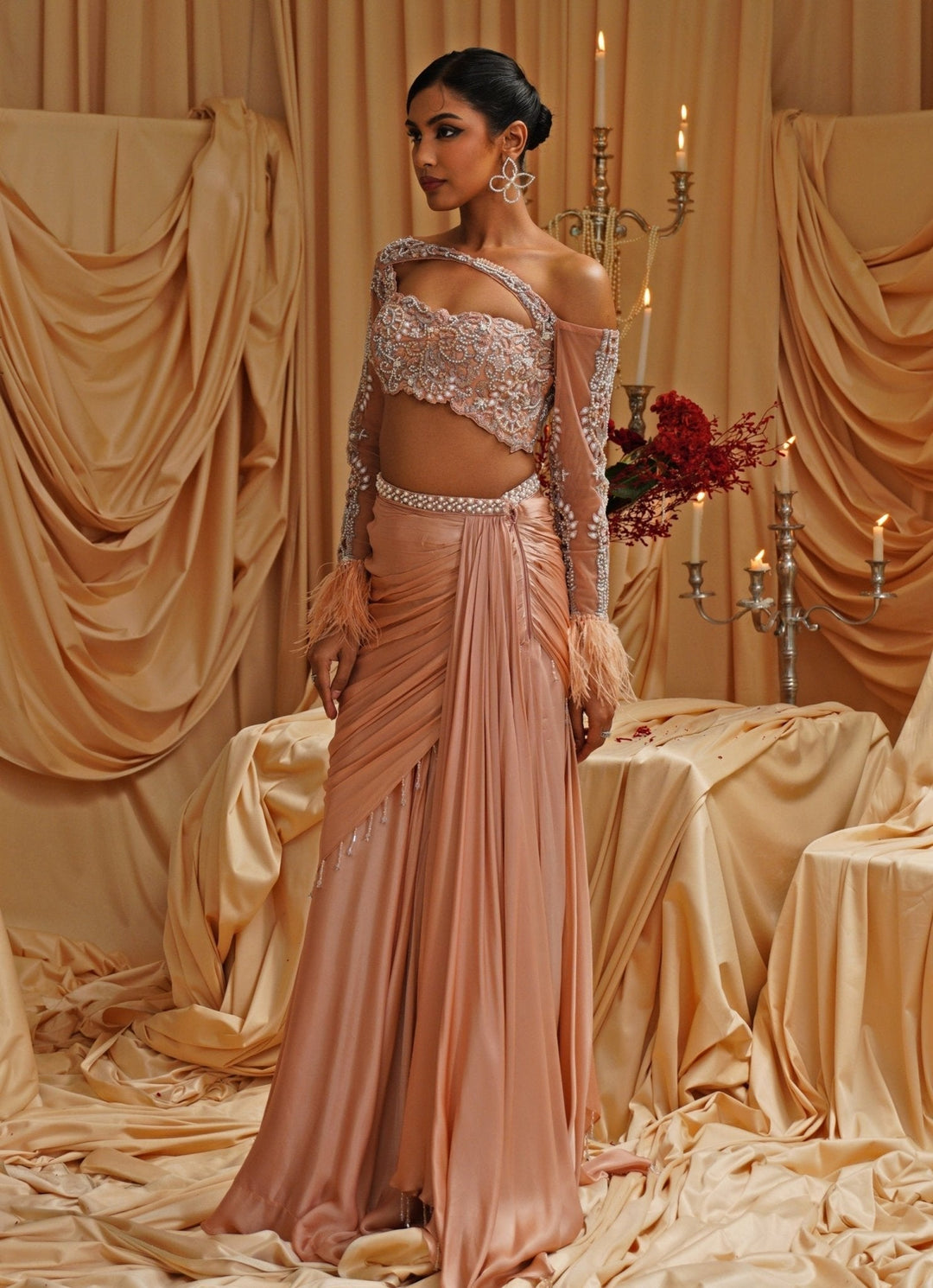 Peach Embroidered Pre Draped Satin Saree Jade by Ashima - Fabilicious Fashion