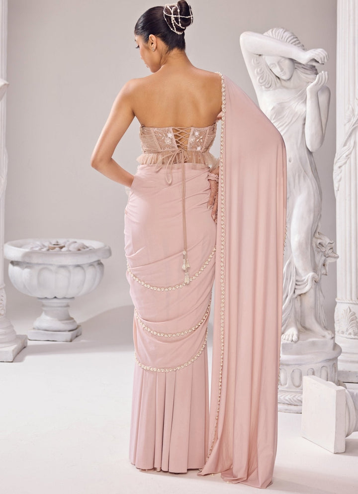 Peach Embroidered Predraped Lycra Saree Jade by Ashima - Fabilicious Fashion