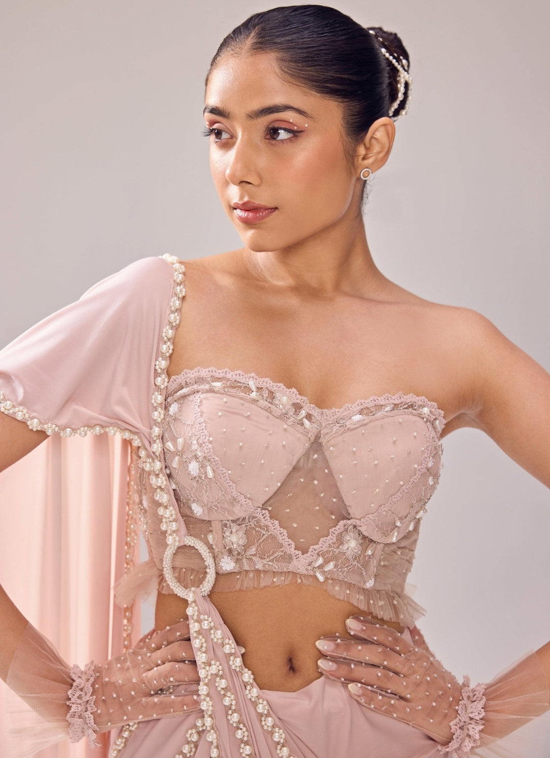 Peach Embroidered Predraped Lycra Saree Jade by Ashima - Fabilicious Fashion
