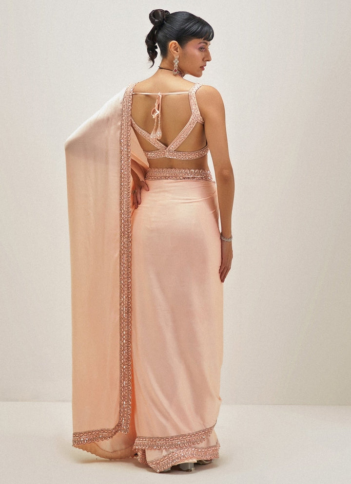 Peach Embroidered Satin Saree Set Angad Singh - Fabilicious Fashion