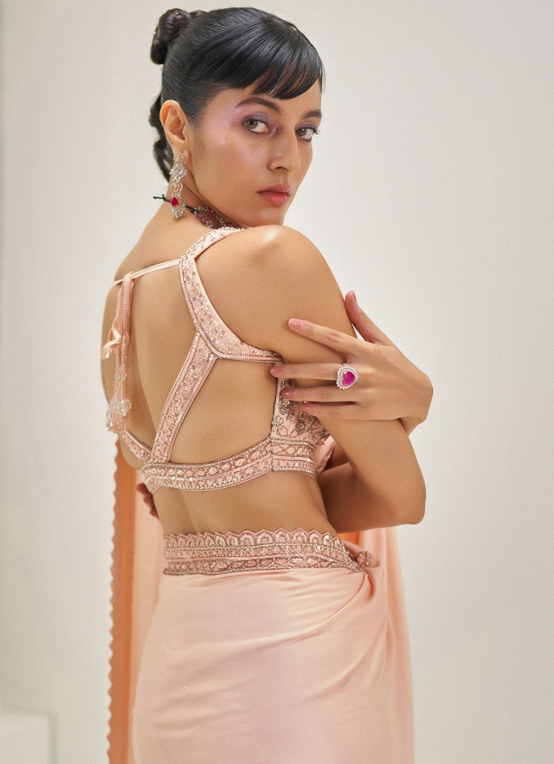 Peach Embroidered Satin Saree Set Angad Singh - Fabilicious Fashion