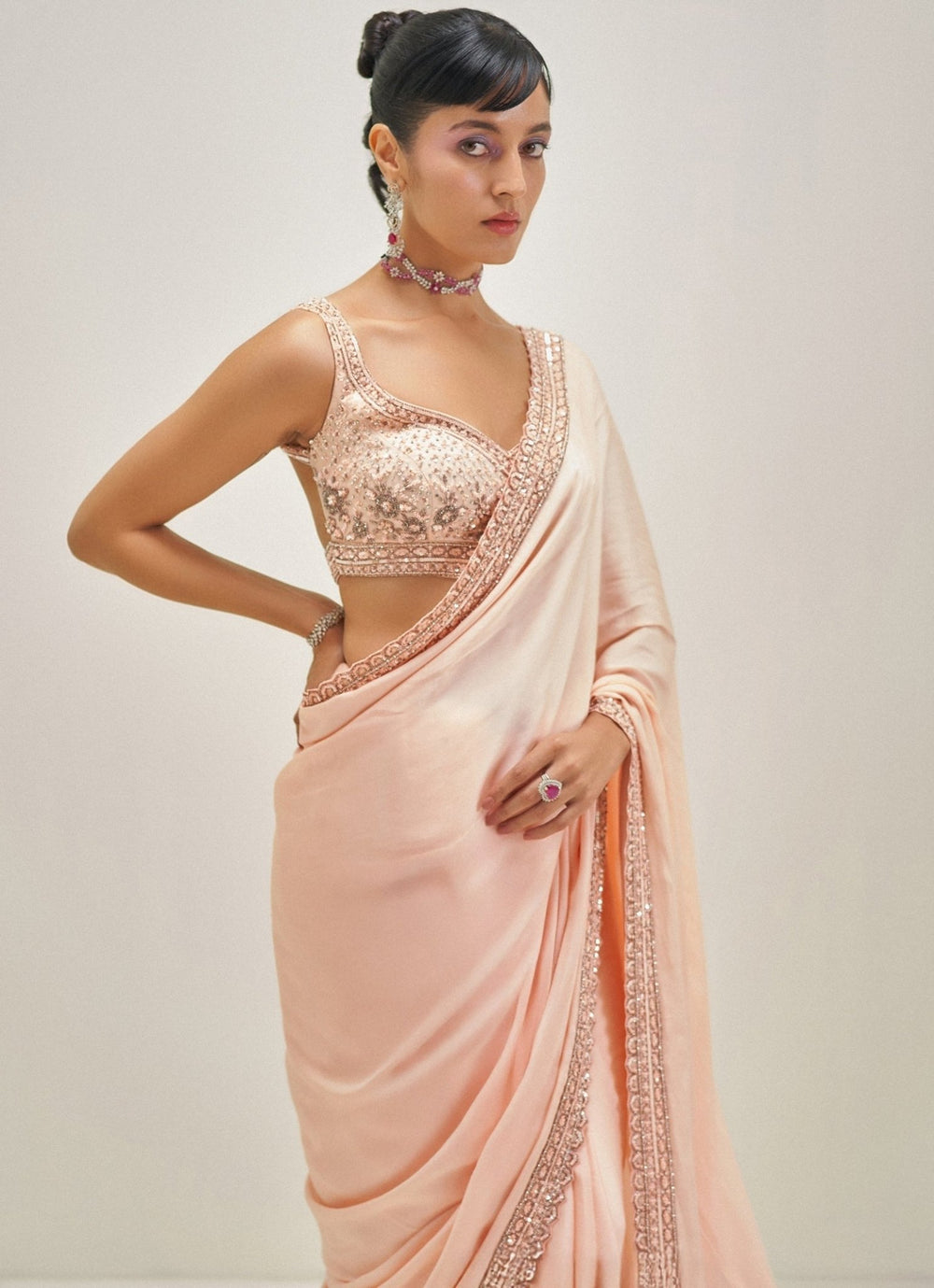 Peach Embroidered Satin Saree Set Angad Singh - Fabilicious Fashion