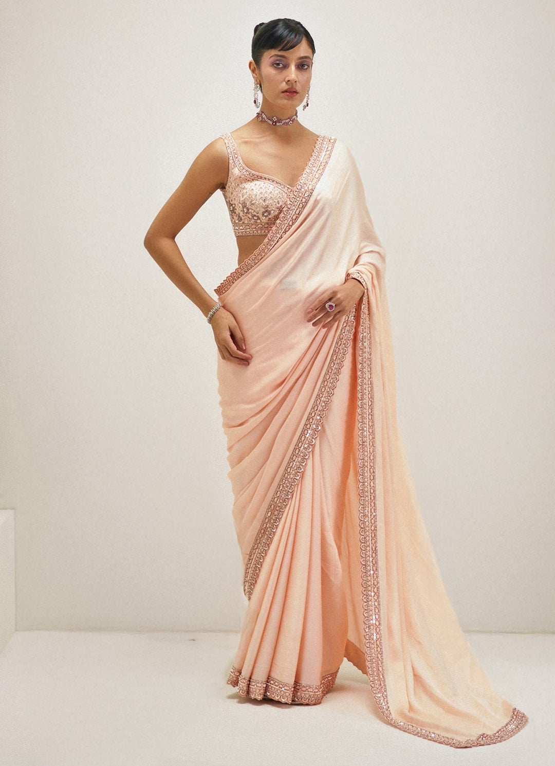 Peach Embroidered Satin Saree Set Angad Singh - Fabilicious Fashion