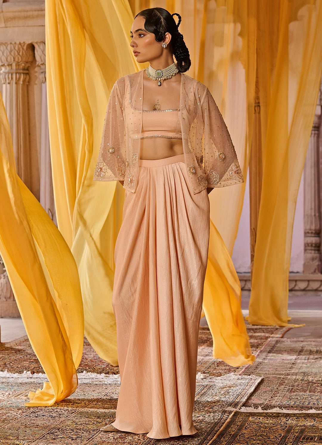 Peach Embroidered Satin Skirt Set With Jacket Zoon Tribe - Fabilicious Fashion