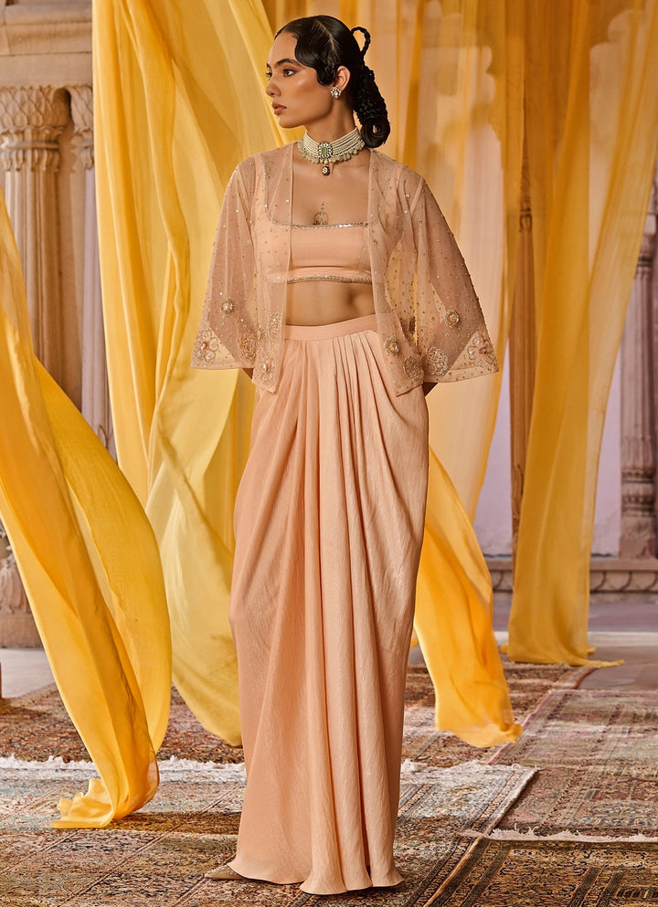 Peach Embroidered Satin Skirt Set With Jacket Zoon Tribe - Fabilicious Fashion