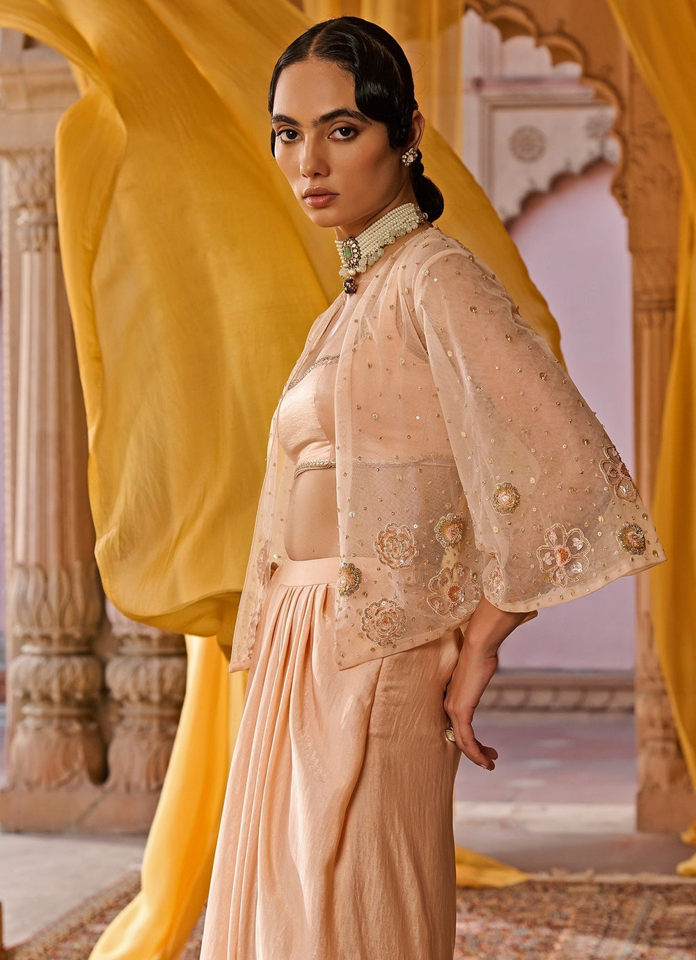 Peach Embroidered Satin Skirt Set With Jacket Zoon Tribe - Fabilicious Fashion