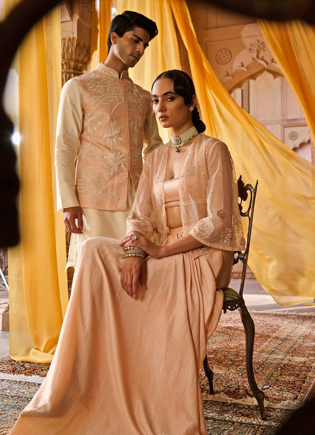 Peach Embroidered Satin Skirt Set With Jacket Zoon Tribe - Fabilicious Fashion