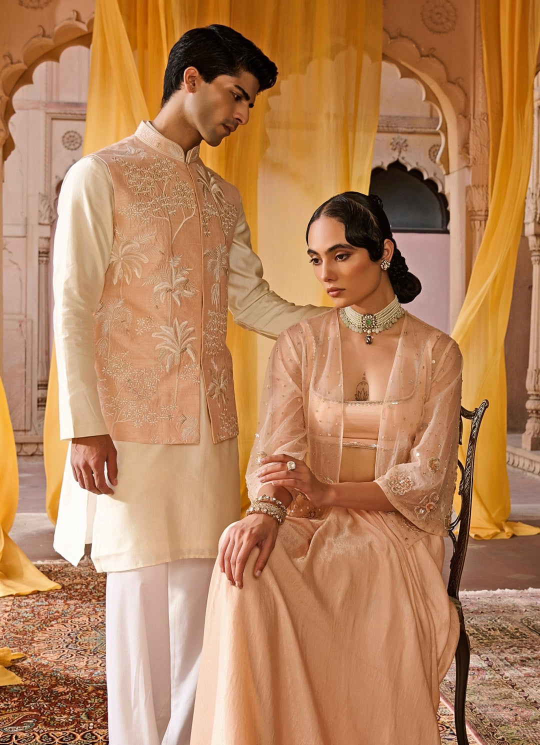 Peach Embroidered Satin Skirt Set With Jacket Zoon Tribe - Fabilicious Fashion