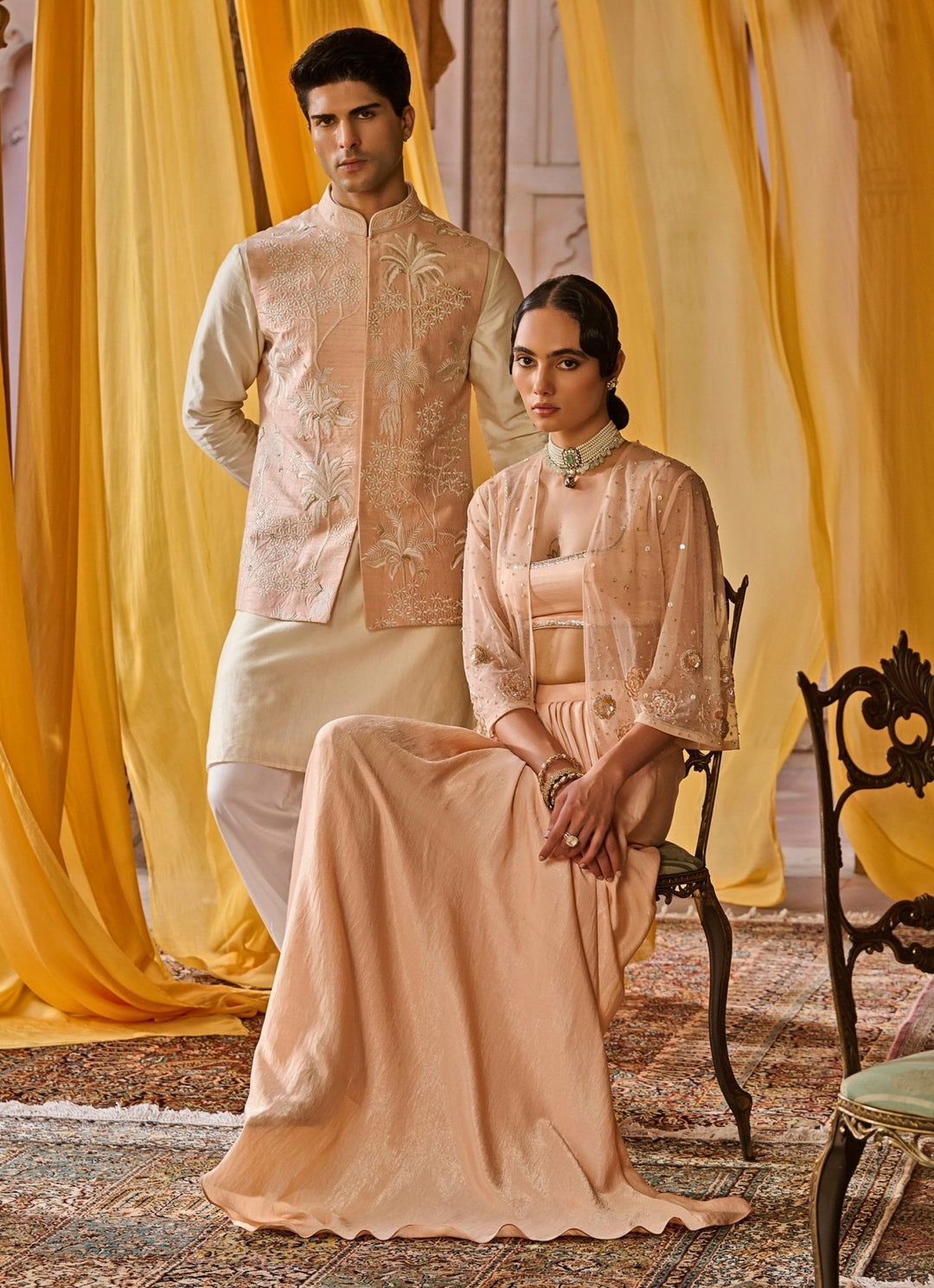 Peach Embroidered Satin Skirt Set With Jacket Zoon Tribe - Fabilicious Fashion