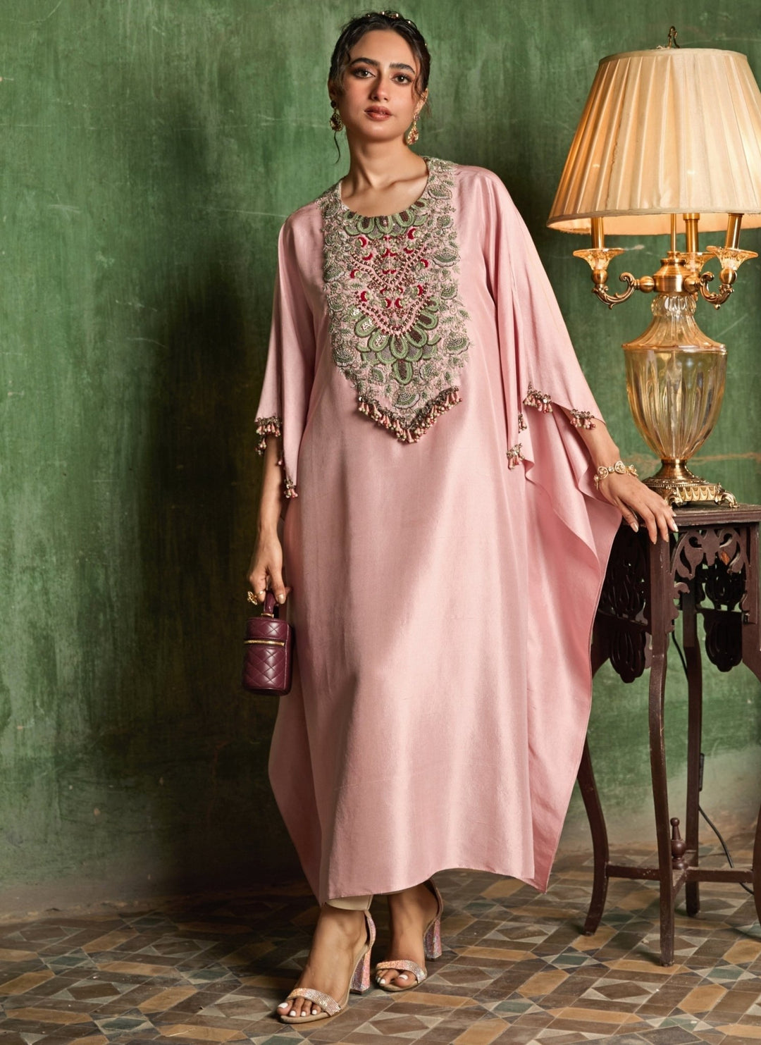 Prisho Peach Embroidered Silk Kaftan Pants SetFabilicious Fashion