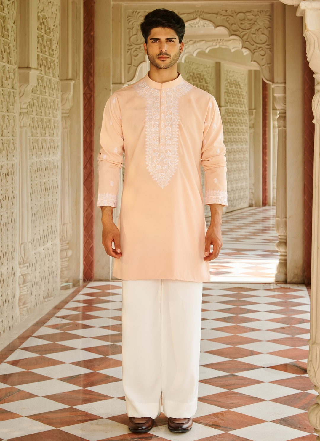 Peach Embroidered Silk Kurta Set Contrast By Parth - Fabilicious Fashion