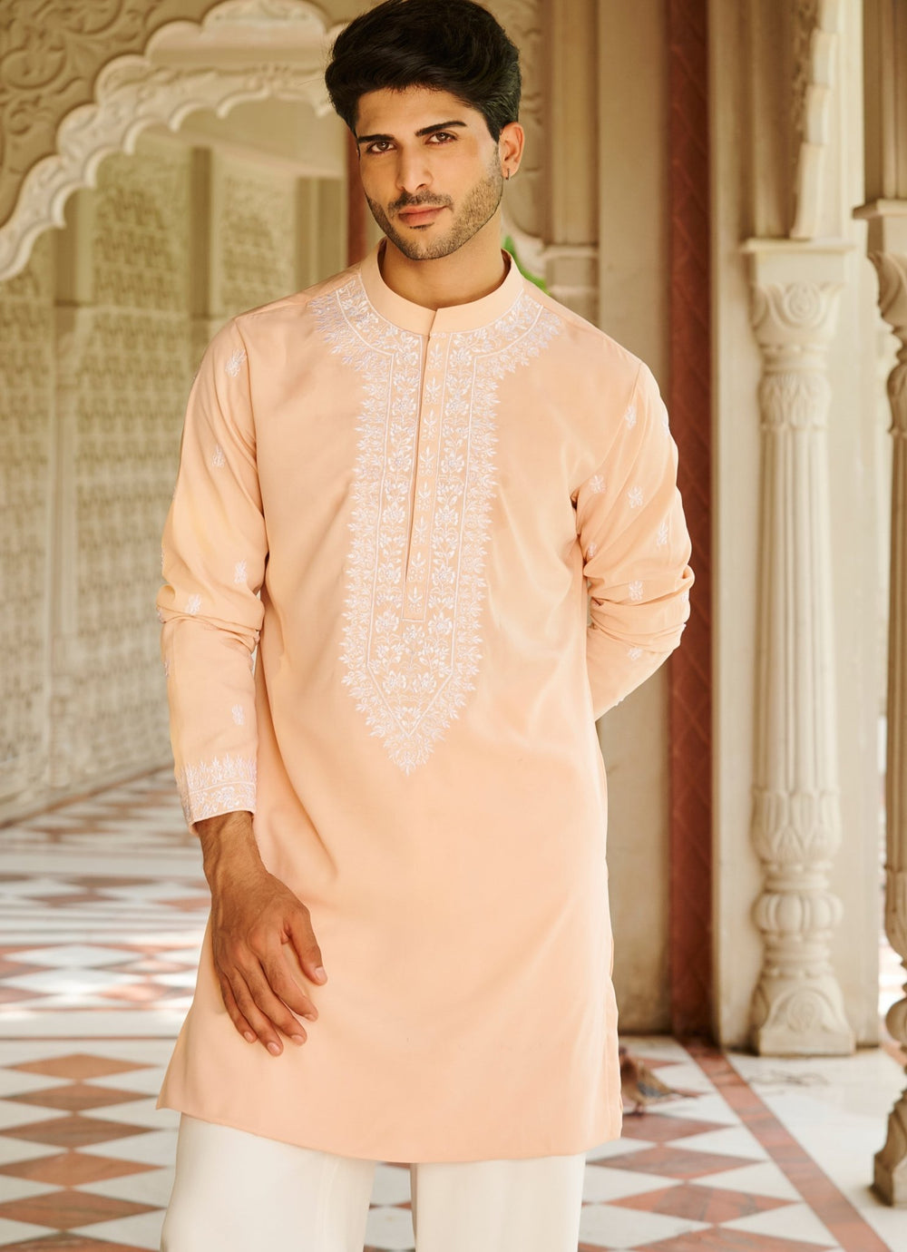 Peach Embroidered Silk Kurta Set Contrast By Parth - Fabilicious Fashion