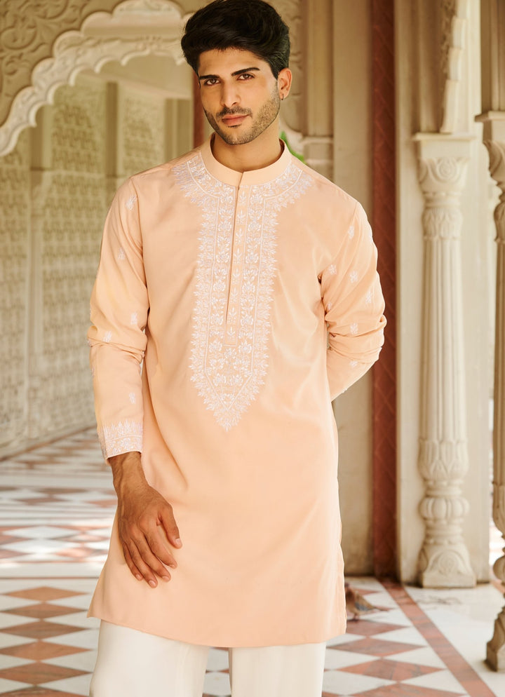 Peach Embroidered Silk Kurta Set Contrast By Parth - Fabilicious Fashion