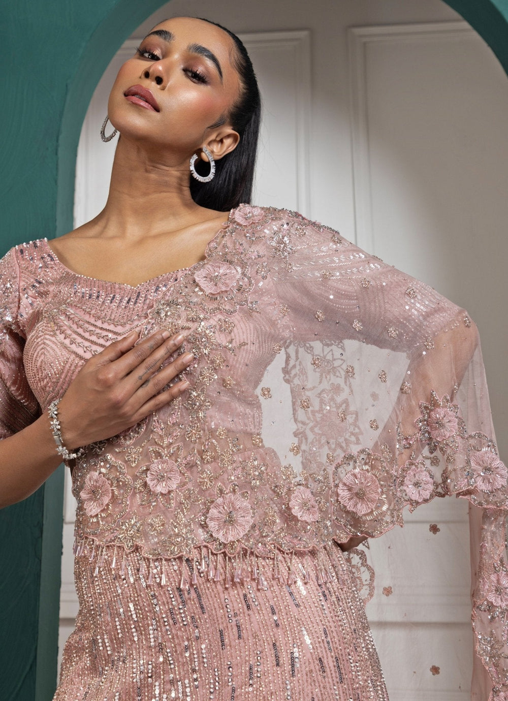 Peach Embroidered Sparkle Lehenga Set Smriti - Fabilicious Fashion
