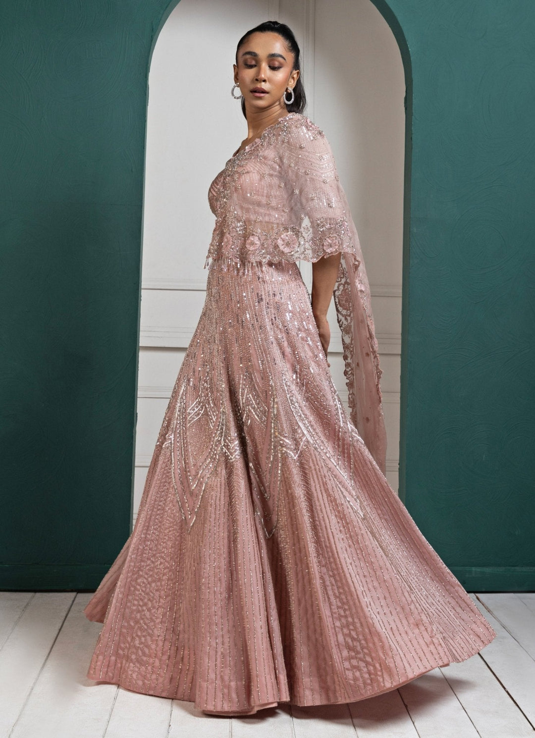 Peach Embroidered Sparkle Lehenga Set Smriti - Fabilicious Fashion