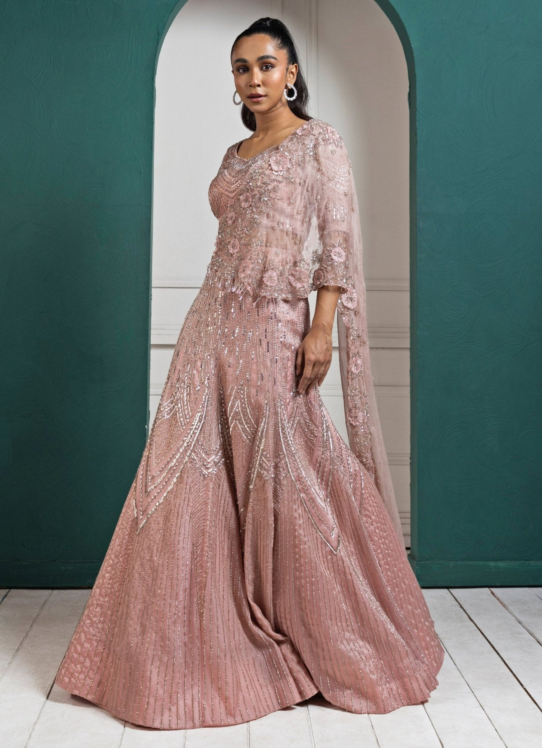 Peach Embroidered Sparkle Lehenga Set Smriti - Fabilicious Fashion
