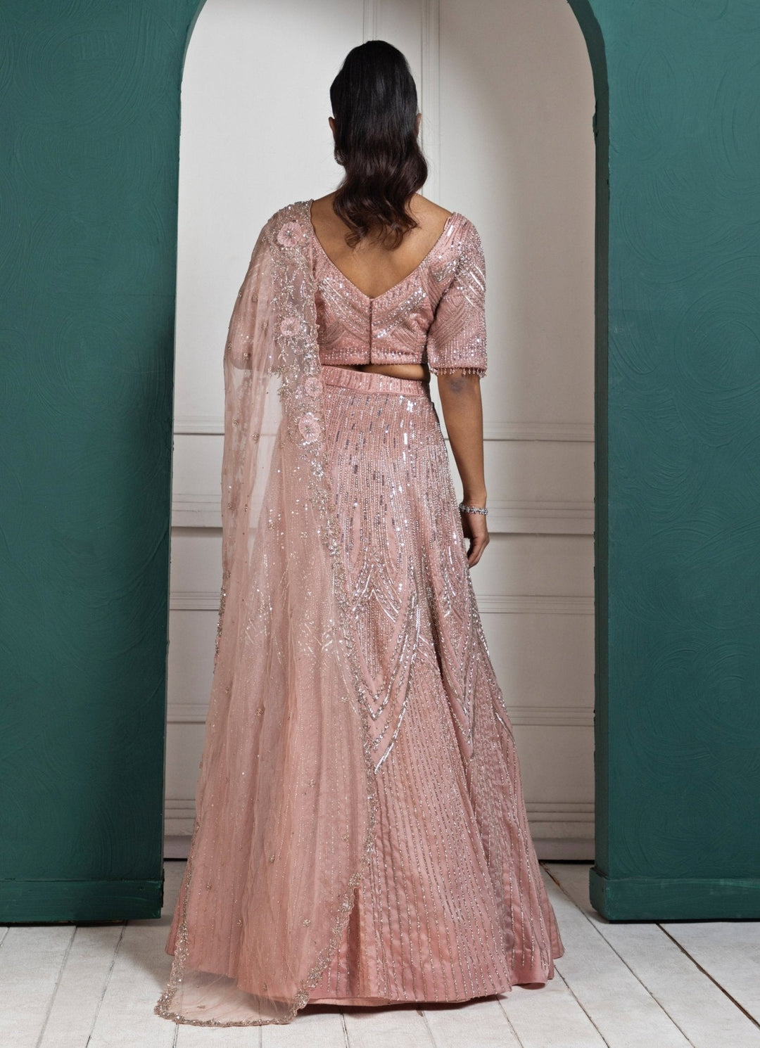 Peach Embroidered Sparkle Lehenga Set Smriti - Fabilicious Fashion