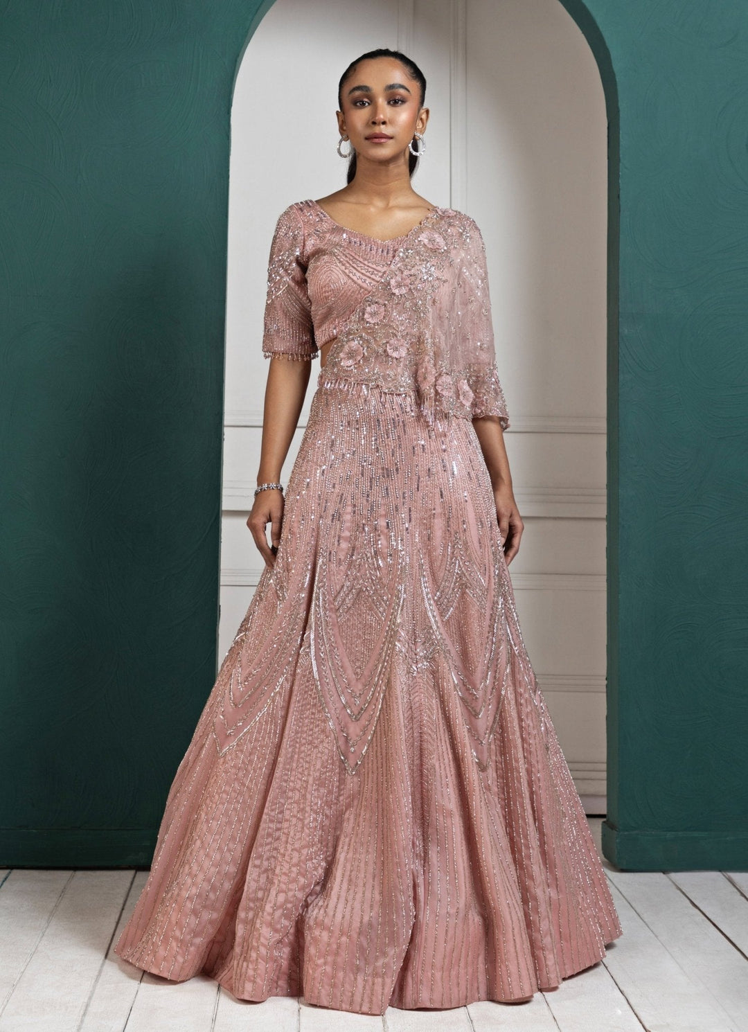 Peach Embroidered Sparkle Lehenga Set Smriti - Fabilicious Fashion