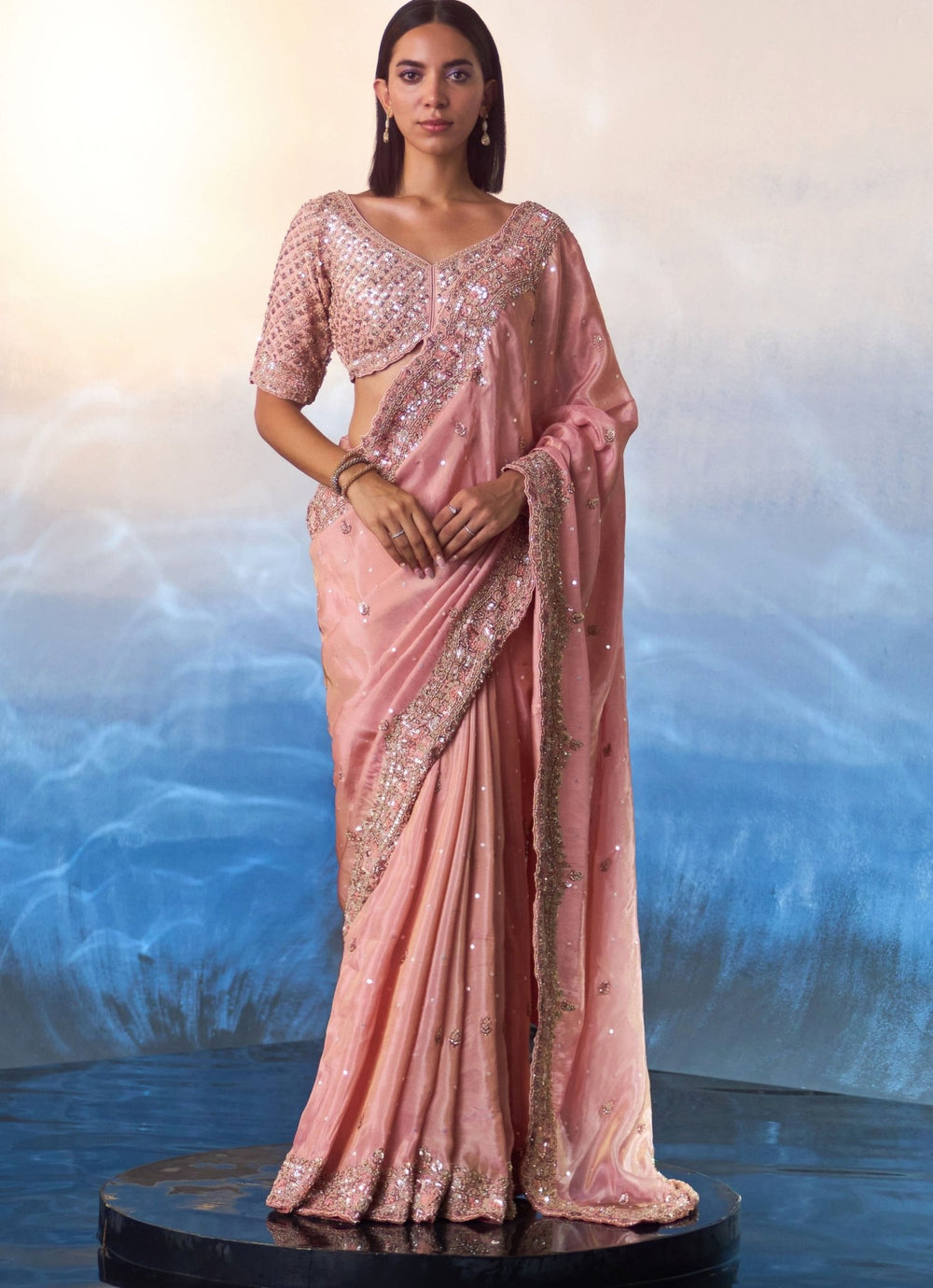 Peach Embroidered Tissue Saree Angad Singh - Fabilicious Fashion