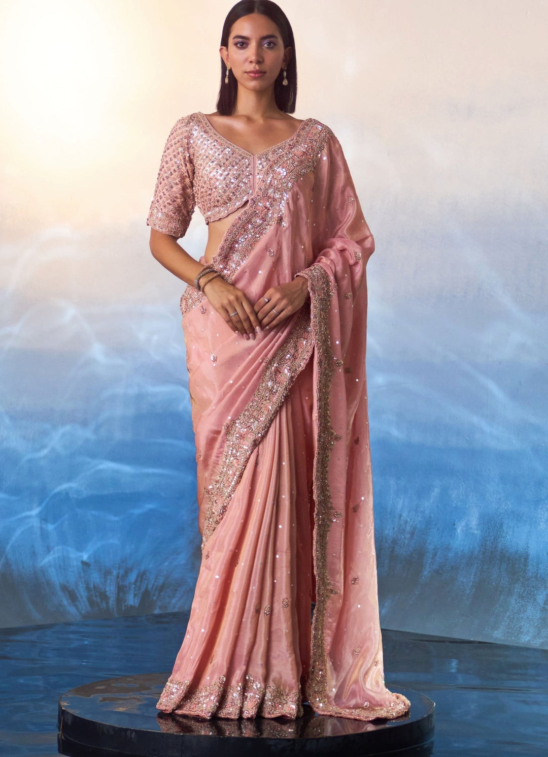 Peach Embroidered Tissue Saree Angad Singh - Fabilicious Fashion
