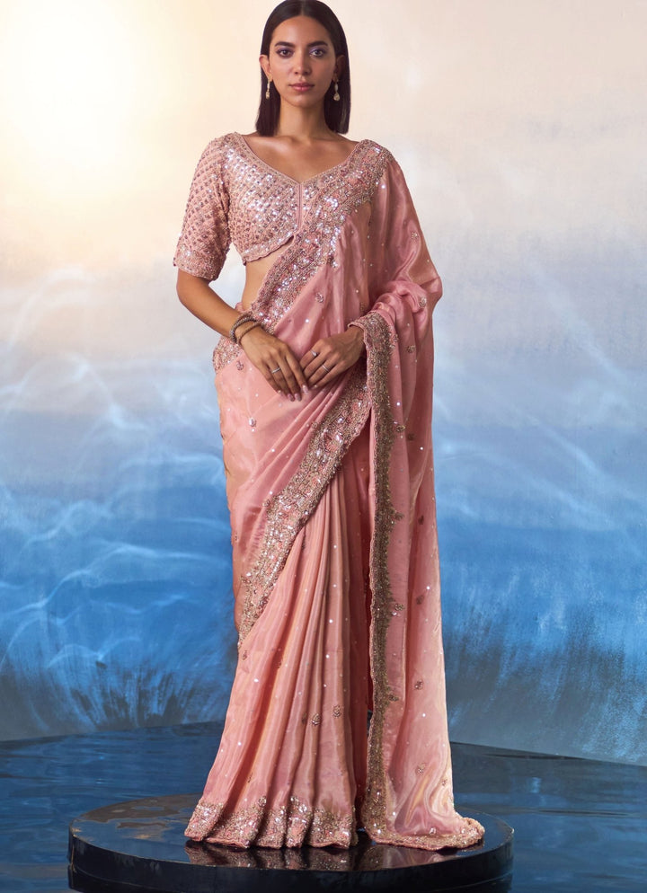 Peach Embroidered Tissue Saree Angad Singh - Fabilicious Fashion