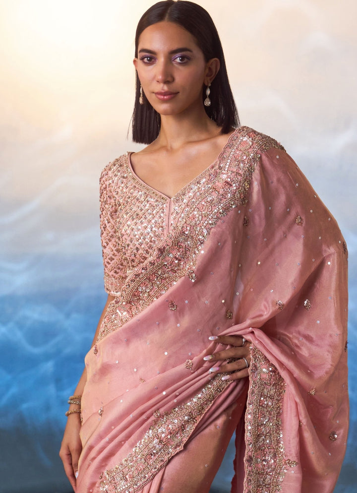 Peach Embroidered Tissue Saree Angad Singh - Fabilicious Fashion