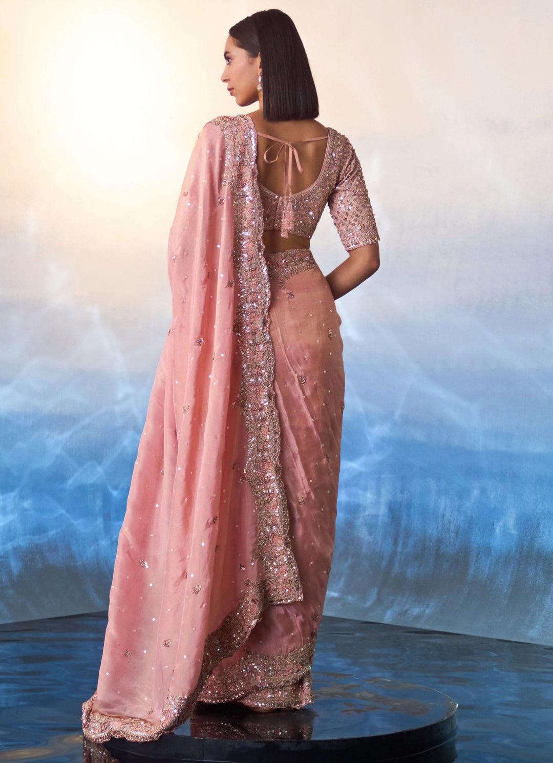 Peach Embroidered Tissue Saree Angad Singh - Fabilicious Fashion