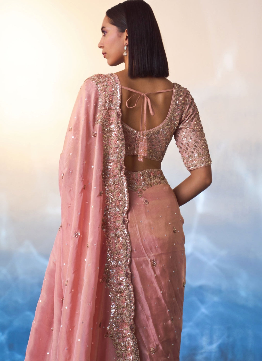 Peach Embroidered Tissue Saree Angad Singh - Fabilicious Fashion