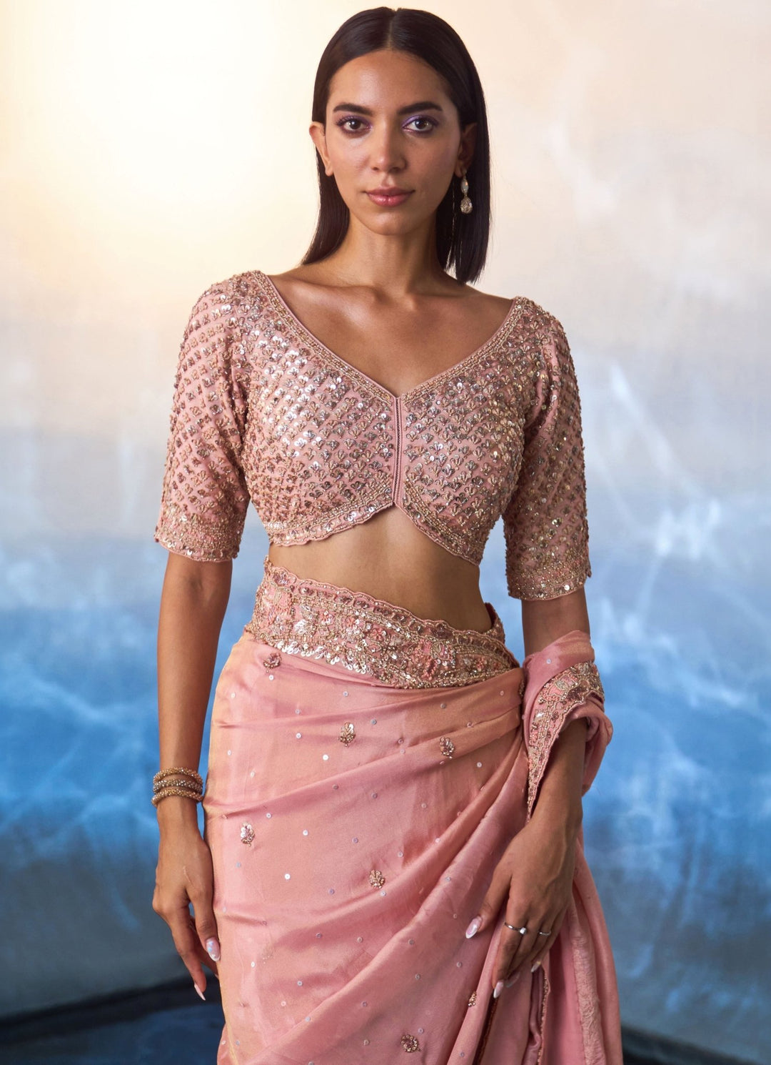 Peach Embroidered Tissue Saree Angad Singh - Fabilicious Fashion